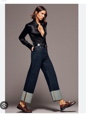 ZARA The Folded Up Wide Leg Jean Size 10 Stretch Dark Wash Indigo high Rise